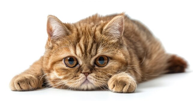 Cute Exortic Shorthair cat is looking at you. It has big green eyes and fluffy orange fur.