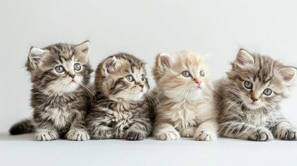 Four cute American Curl  kittens in a row on a white background 