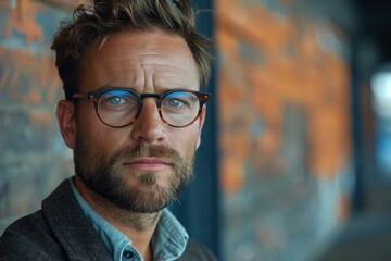 Fototapeta premium A contemplative middle-aged man gazes out with pensive eyes, his blue glasses adding to his thoughtful, modern appearance