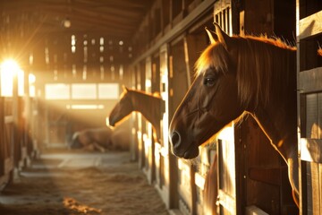Fototapeta premium Morning sunlight streaming into a barn, illuminating horses as they gaze out of their stalls