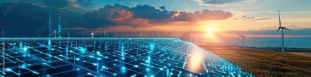 Aufkleber Left side photo of only artificial intelligence, in the middle one solar panel field supplemented by the letters 