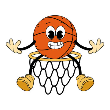 recommend clip art: Groovy character basketball. Cartoon trendy retro style basketball character in a hoop. Doodle comic illustration basketball. Basketball.