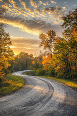 Obraz premium The warm glow of golden hour illuminating a winding rural road lined with trees. The minimalist composition, with just the road and colorful sky, conveys a sense of journey and adventure