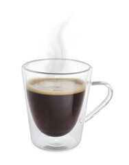 Steaming coffee in glass cup isolated on white