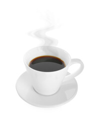 Steaming coffee in cup isolated on white