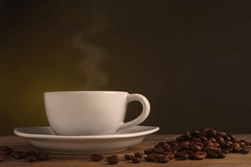 Steaming coffee in cup and roasted beans on wooden table. Space for text