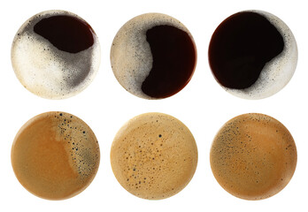 Aromatic coffee drinks with foam isolated on white, set. Top view