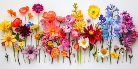A breathtaking panoramic image showcasing a vibrant array of assorted cut flowers arranged neatly in rows against a white background