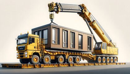 Yellow Mobile Crane 3D Illustration: Lifting Brown Modular Home with Truck-Mounted Crane