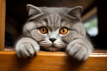 A cute gray cat is looking at the camera with its big orange eyes.