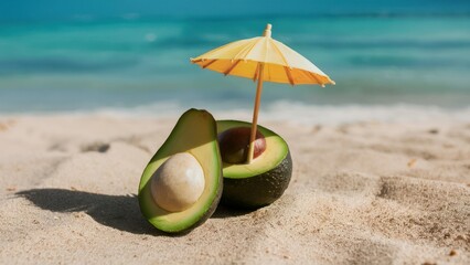 Tropical beach concept made of avocado fruit and sun umbrella. Creative minimal summer idea.
