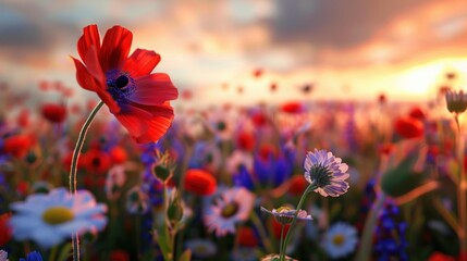 Captivating image showcasing a field of radiant red poppies and white daisies during a breathtaking sunset with warm golden hues in the sky