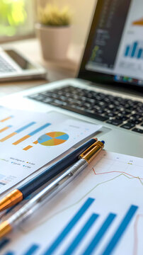 graph, pen, and pencil with laptop in vertical orientation for mobile devices