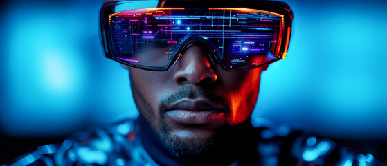 A man in a futuristic setting wears advanced virtual reality goggles, immersing him in a vibrant digital world. Futuristic Visionary man working in Advanced VR Interface