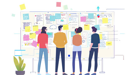 Illustration Group brainstorming in front of a giant whiteboard filled with colorful sticky notes and sketches