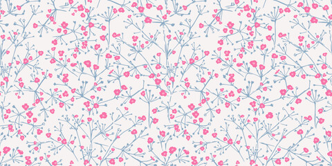 Vector hand drawn sketch small flowers with branches intertwined in a seamless pattern on a light background. Cute tiny floral stems printing. Template for designs, textile, surface design, fabric