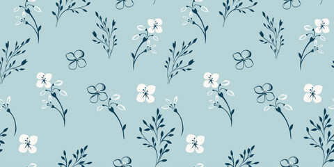 Minty seamless pattern with shapes branches and small ditsy flowers. Vector hand drawn sketch. Abstract simple pastel printing with tiny floral stems. Template for designs, textile, fabric