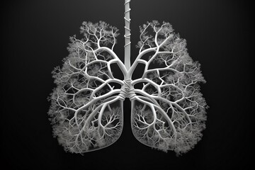 Black and white photo of human lungs with a tree-like structure.