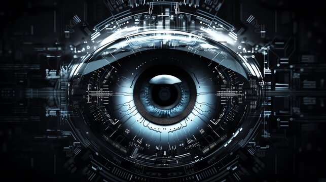 Blue eyeball with electronic circuit.