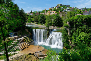 Pliva Waterfall in Jajce, Bosnia and Herzegovina. Holidays and travel. Water. Vibrant colors....