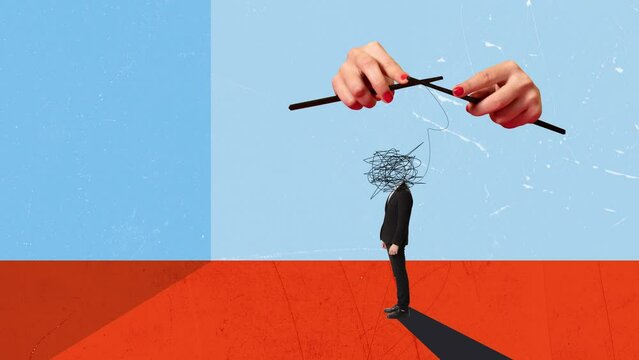 Chaos and control. Modern animation. Stop motion. Man in official clothes with tangled head being controlled by female hands. Concept of business, psychology, brainstorming, mental health