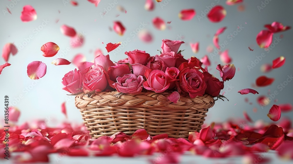 Poster rose flower petals falling from above with flowers in a basket on a white background. generative ai.