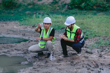 Environmental engineers work at wastewater treatment plants,Water supply engineering working at Water recycling plant for reuse,Technicians and engineers discuss work together