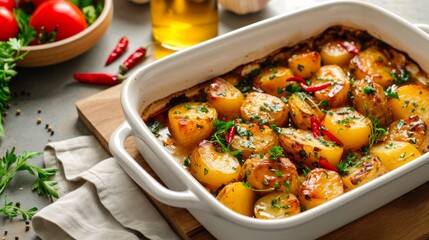 Savory Delights: Aromatic Honey Chilli Potato Baking Dish on the Table
