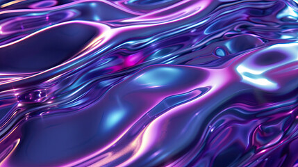 Iridescent liquid metal surface with ripples. 3d illustration. Abstract fluorescent background