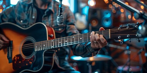 Obraz premium Musician recording acoustic guitar in studio
