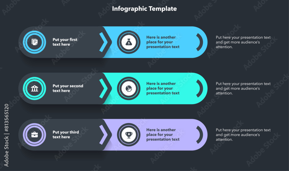 Poster Modern diagram with three options with icons and a place for your text - dark version. Flat infographic design for website, marketing or promotion.