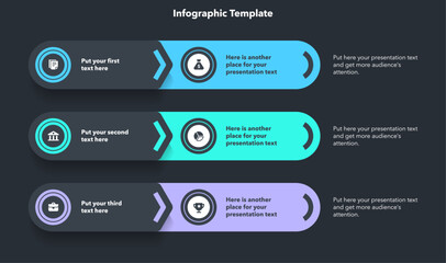 Modern diagram with three options with icons and a place for your text - dark version. Flat infographic design for website, marketing or promotion.