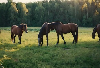 Obraz premium Tranquil Summer Evenings: Horses Grazing at Golden Hour on the Farm