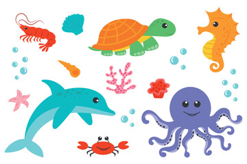 Fototapeta premium Hand drawn cartoon set of sea creatures. Vector illustration of cute octopus, turtle, shrimp
