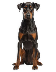Doberman sitting. black dog breed.