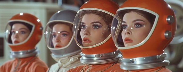 Actors wearing cheesy sci fi costumes from outer space for a retro science fiction television show or movie. Big makeup, helmet, space suit.
