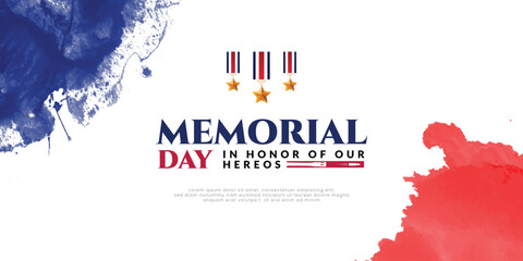Memorial day wishes or greeting card with paint brush stroke background, united states flag, with respect honor and gratitude social media banner, poster, modern design vector illustration