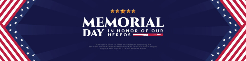Memorial day, wishes, greeting, card, blue backgroud web banner, honor, patriot, star, flag, long, big, poster, military, us, and  social media, landing page, banner, modern design vector illustration
