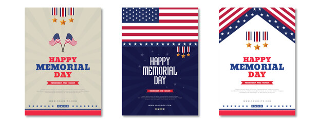 Memorial day wishes or greeting card three poster design united states flag, with respect honor and gratitude social media poster, banner, modern design vector illustration