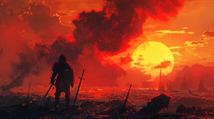 Warrior holds a sword in sunset red sky
