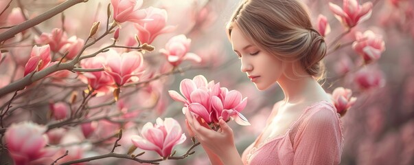 woman in pink dress holding magnolia flowers on branch near blooming bush