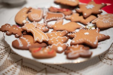 Closeup of gingerbread cookies with sugar icing on a plate