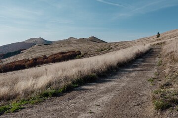 Beautiful view of the Bieszczady Mountains next to a dry hay field in Poland