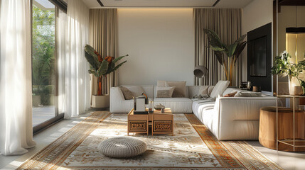 Arab decoration style living room, with tea machine, carpet, white and beige, wood, simple and clean, natural light. Generative AI.