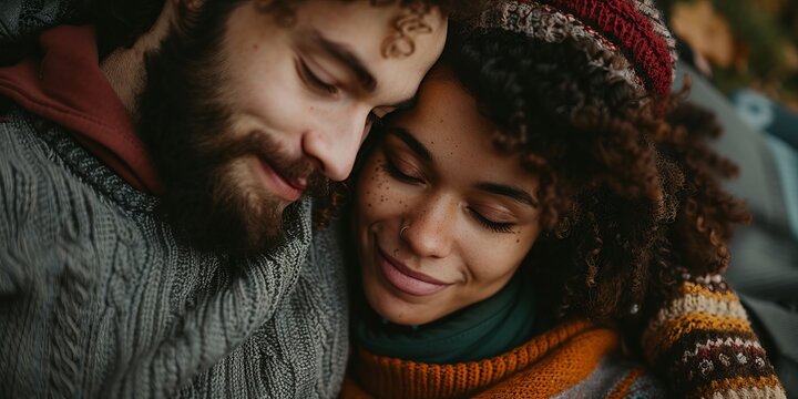 Close up of a couple cudding on a blanket