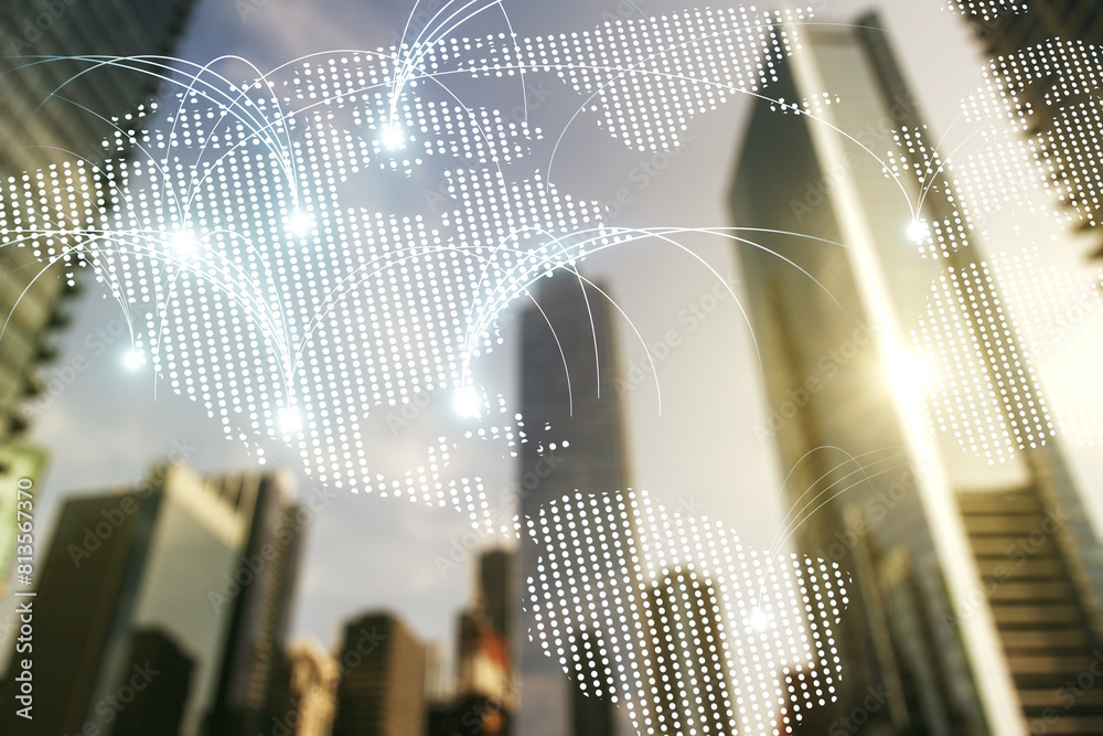 Poster abstract graphic digital world map hologram with connections on modern architecture background, glob