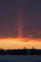 Obraz premium Vertical landscape of field under orange sunset sky