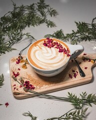 Vertical closeup of a tasty cappuccino with green leaves on a table