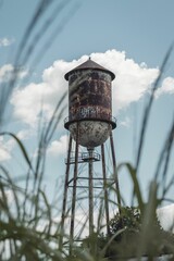 Beautiful vertical view of a rusty water tower in a field
