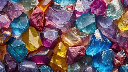 A vibrant close-up image showcasing a variety of colorful crystal gems with sharp edges and shiny surfaces